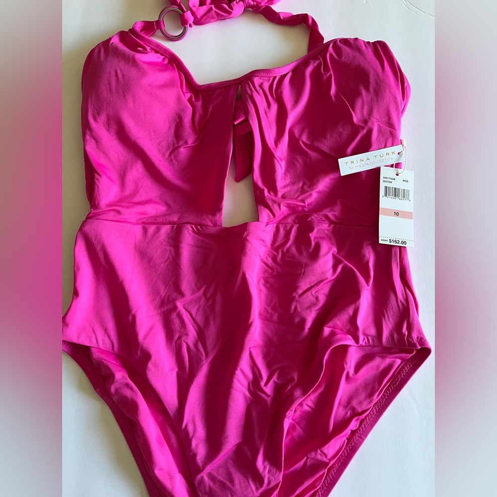 Trina Turk Monaco ring once piece swimsuit sz10 pink halter style